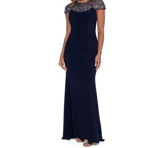 NWT Betsy & Adam floor length jeweled beaded cap sleeve dress navy blue size 8